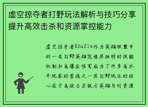 虚空掠夺者打野玩法解析与技巧分享提升高效击杀和资源掌控能力